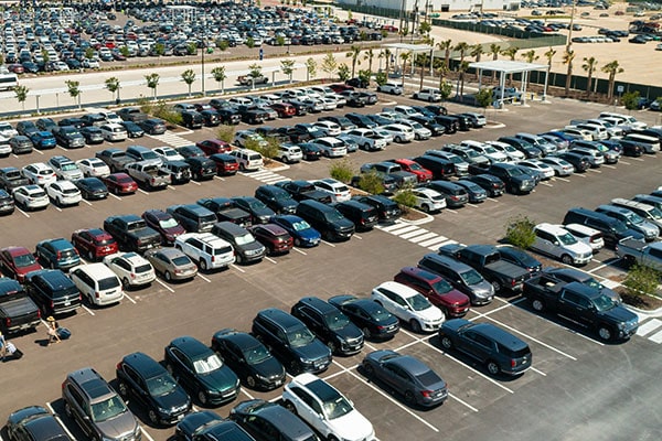 Aerial side view of a parking lot.