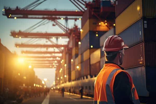 A dockworker at the port looks at the containers