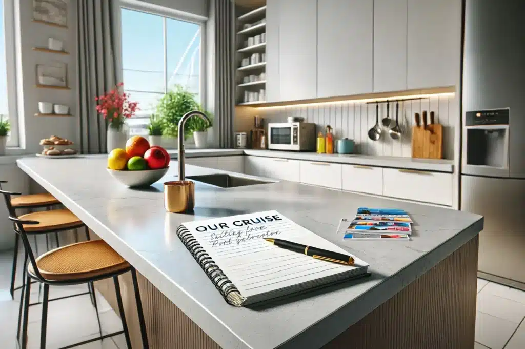Image of a kitchen with a notepad on the kitchen counter that reads "Our Cruise" as the title and "Sailing from Port Galveston" message below that.