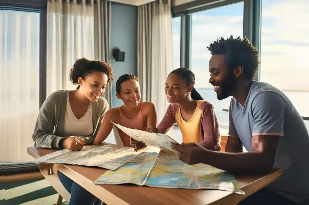 image of a family sitting at a table looking at maps with a sea view in the background.