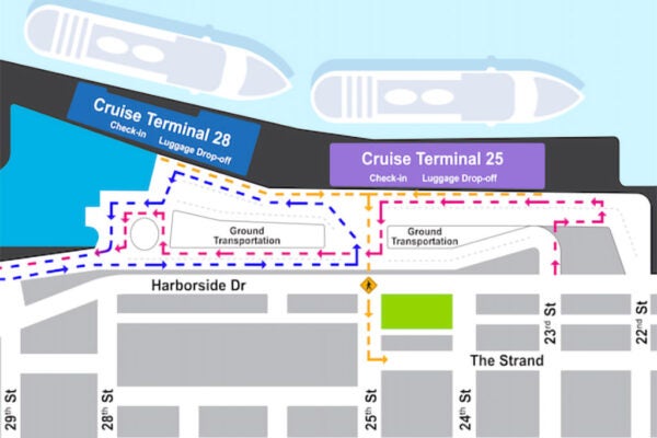 Traffic flow map showing temporary cruise terminal routes for Dec. 5–25. Terminal 25 passenger traffic enters on 23rd Street and exits on 33rd Street. Terminal 28 passenger traffic enters and exits on 33rd Street. Ship supply trucks enter Terminal 25 at 33rd Street and Terminal 28 at 40th Street. The map highlights suggested parking in Port of Galveston cruise lots with shuttle service, and shows pedestrian access at 25th Street to and from downtown.