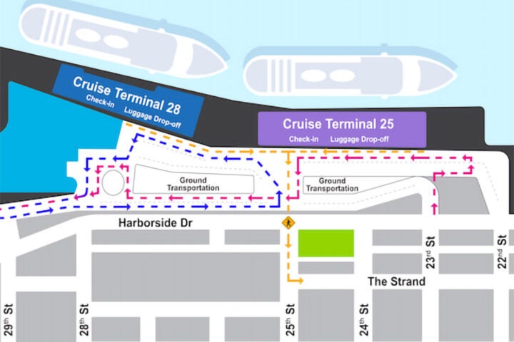 Traffic flow map showing temporary cruise terminal routes for Dec. 5–25. Terminal 25 passenger traffic enters on 23rd Street and exits on 33rd Street. Terminal 28 passenger traffic enters and exits on 33rd Street. Ship supply trucks enter Terminal 25 at 33rd Street and Terminal 28 at 40th Street. The map highlights suggested parking in Port of Galveston cruise lots with shuttle service, and shows pedestrian access at 25th Street to and from downtown.