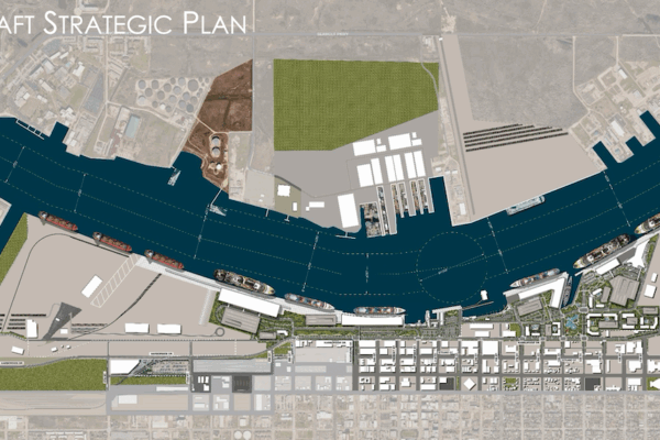 A conceptual diagram of the Port of Galveston showing areas developed per the port's 20-Year Strategic Master Plan. The Wharves Board adopted the plan in February 2026.