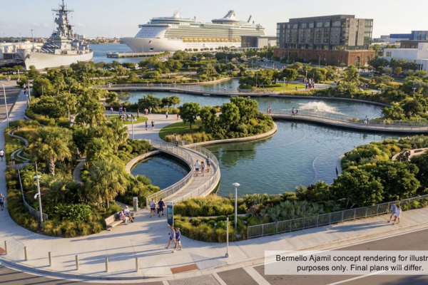 Concept for east cruise complex commercial area with Battleship Texas, Cruise Terminal 14, hotel and retail