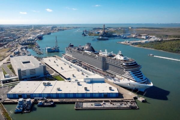 Aerial of Cruise Terminal 16 with MSC cruise ship