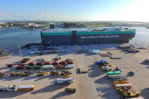 Wallenius-Wilhelmsen cargo ship offloading ro-ro cargo at the port's new cargo berth at Pier 39-40