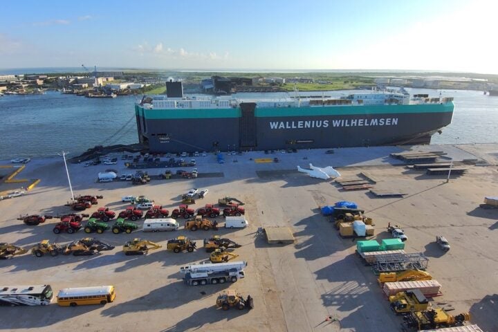 Wallenius-Wilhelmsen cargo ship offloading ro-ro cargo at the port's new cargo berth at Pier 39-40